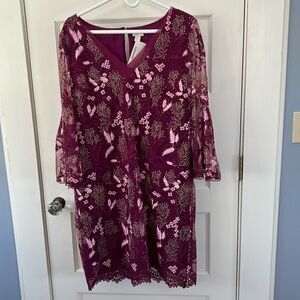 Sundance Maroon Floral Long Sleeve Dress